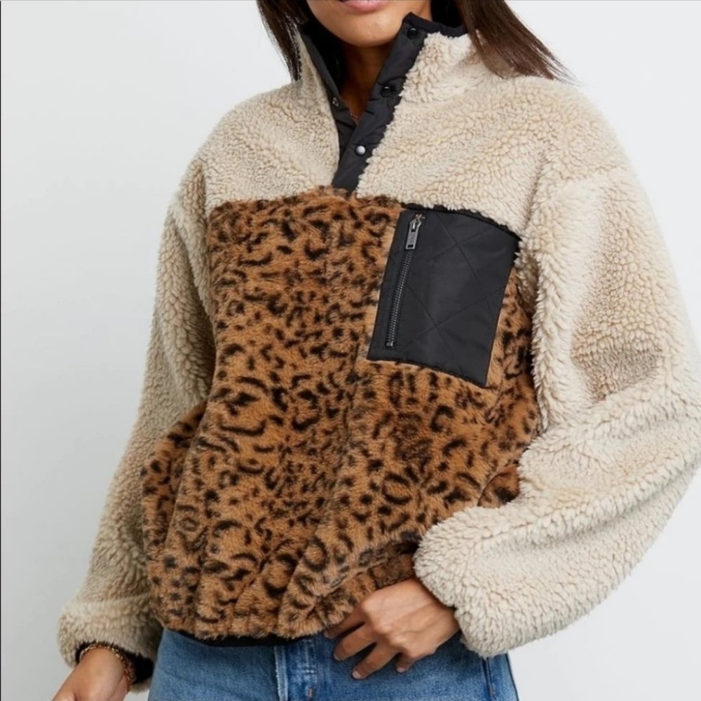 NWT $248 Revolve "Rails" Faux Sherpa Leopard Fleece Jacket